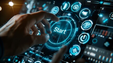 Businessman touching the Start button on an interactive screen, technology, UI design, futuristic interface.