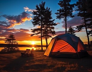 Camping at sunset. Camping tent and campfire on the lake.