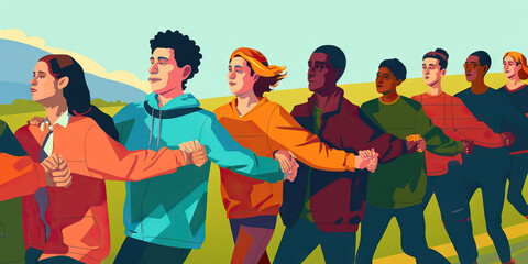 The road to recovery: A group of people, arms linked, march toward a support group or rehab facility, determination writ large upon their faces