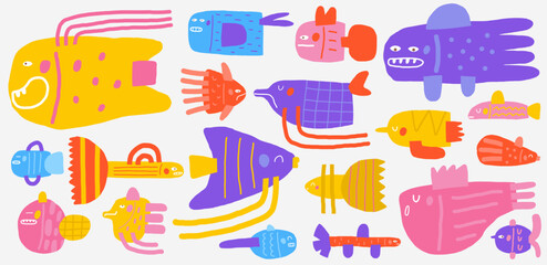 Cute underwater set with funny hand drawn doodle fish characters collection, angelfish, guppy, bass. Sea, ocean bottom reef clip art. Cartoon style aquarium creatures for kids