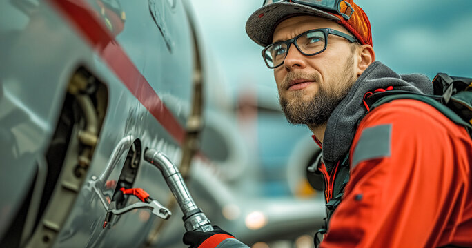 Airport technician refuel a private jet with hydrogen fuel.