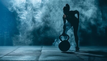 Early morning workout. Dark-haired girl in black sportswear is doing kettlebell swings in the gym. The gym is empty, there is fog around.