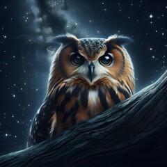 Owl | Owl on a tree in the misty forest under a full moon at night | 