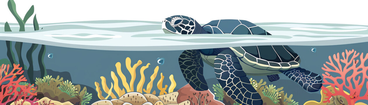 seafloor vent area flat design side view turtle exploring thermal vents cartoon drawing Tetradic color scheme