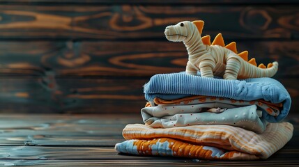 A stack of soft baby clothes with a plush dinosaur toy on a dark wooden table