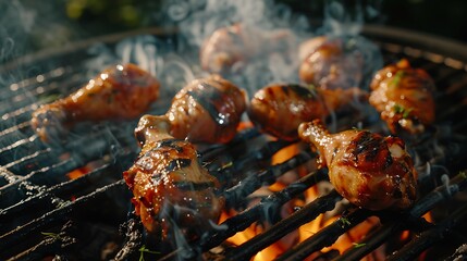 Barbecue grill ablaze with succulent drumsticks, smoke swirling in a tantalizing dance