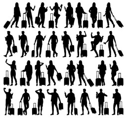 Silhouette of young man and woman tourists with smartphones and passports. Travelers going on trip in casual clothes with a suitcase and tickets. Vector illustration set isolated on white