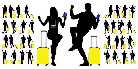 Silhouette of young man and woman tourists with smartphones and passports. Travelers going on trip in casual clothes with a suitcase and tickets. Vector illustration set isolated on white