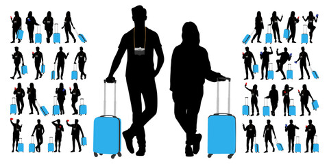 Silhouette of young man and woman tourists with smartphones and passports. Travelers going on trip in casual clothes with a suitcase and tickets. Vector illustration set isolated on white