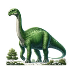 Obraz premium A green Brachiosaurus dinosaur, isolated on a transparent background. The dinosaur is portrayed in a realistic style