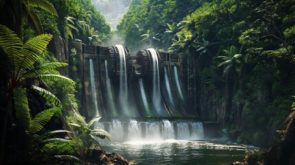 A cascading waterfall hidden within a lush jungle, where AI-guided hydroelectric turbines harness...
