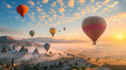 Obraz premium Hot air balloons floating over a misty landscape at sunrise.