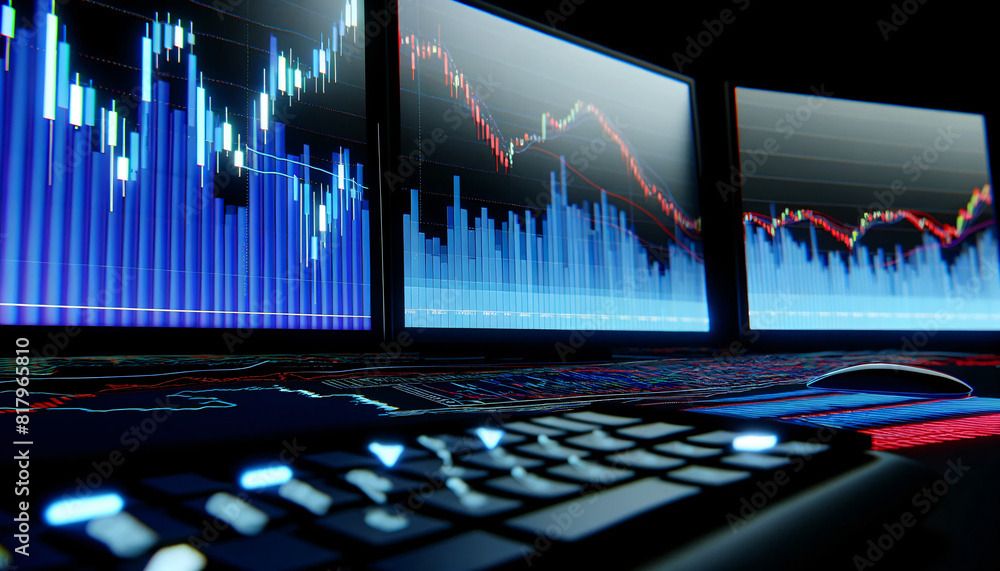 Poster a modern financial trading desk with multiple computer monitors displaying complex stock market data