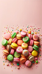 A playful arrangement of various colored macarons, including shades of peach, yellow, green, pink, and chocolate