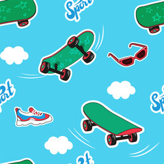 Seamless pattern summer concept of active recreation. Skateboard, sunglasses, sneakers.Vector digital illustration