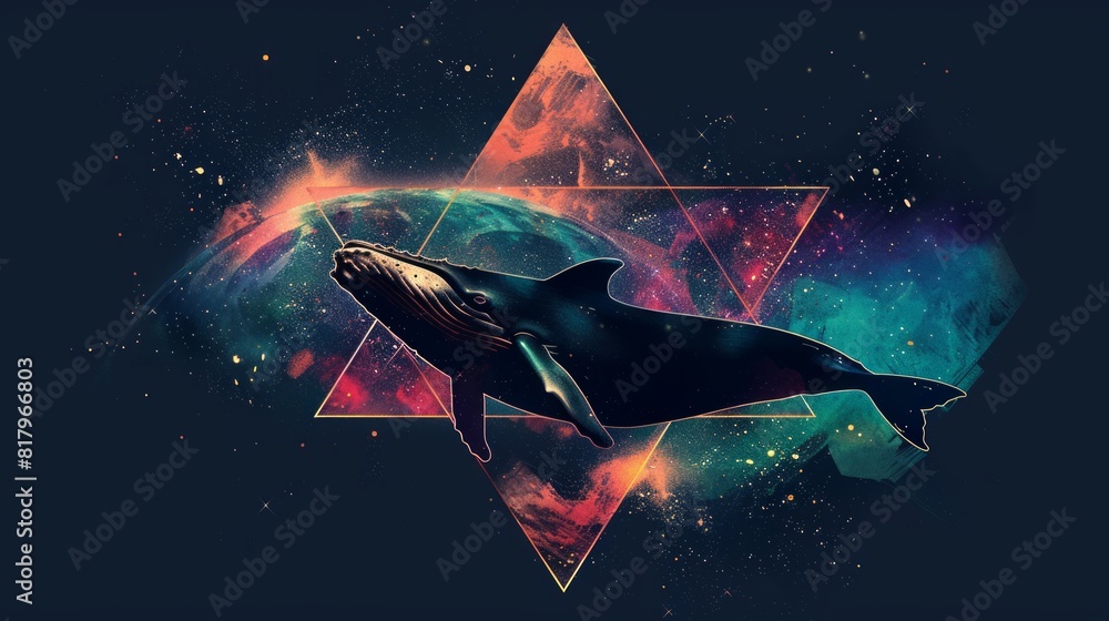Poster whale on simple multicolored geometric outer space