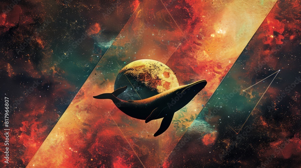 Aufkleber whale on simple multicolored geometric outer space