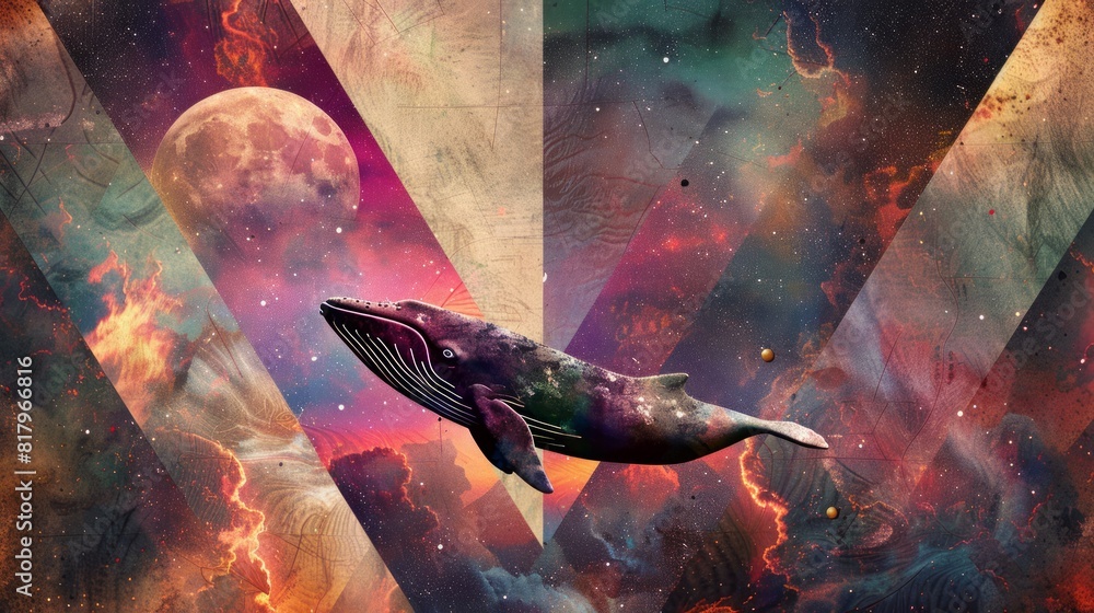 Poster whale on simple multicolored geometric outer space