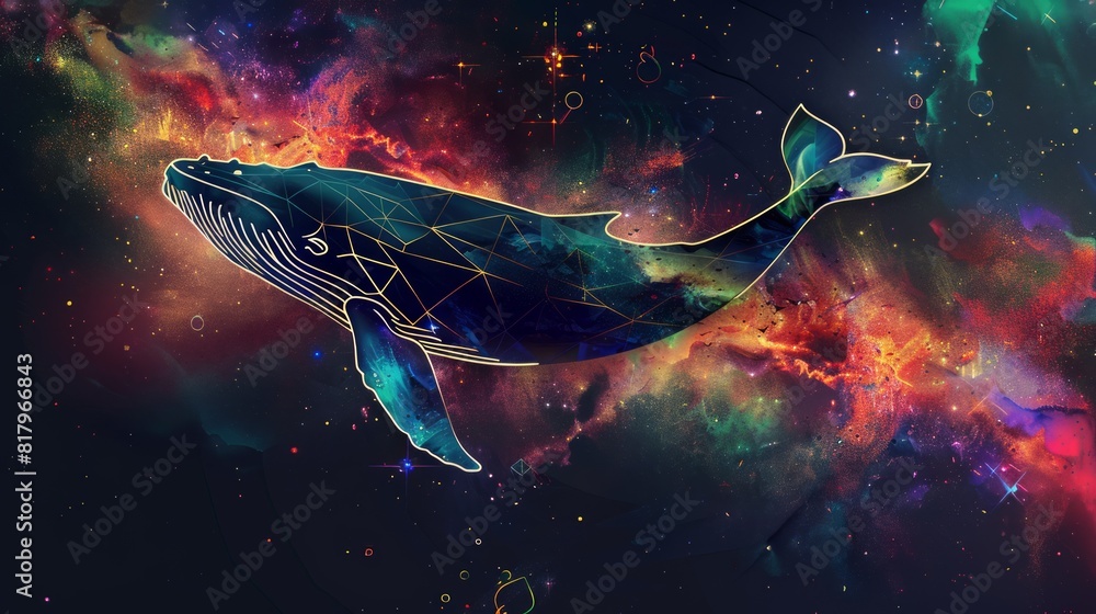 Poster whale on simple multicolored geometric outer space