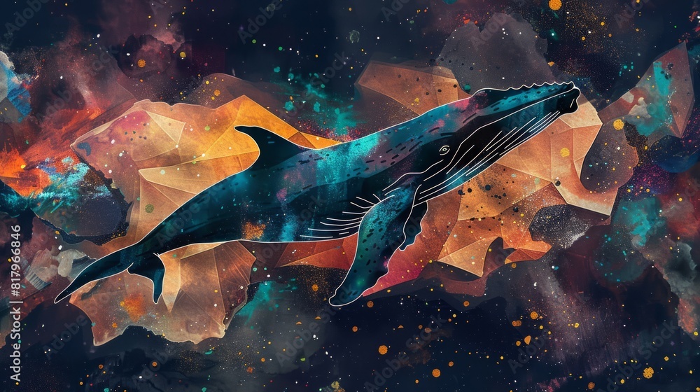 Poster whale on simple multicolored geometric outer space