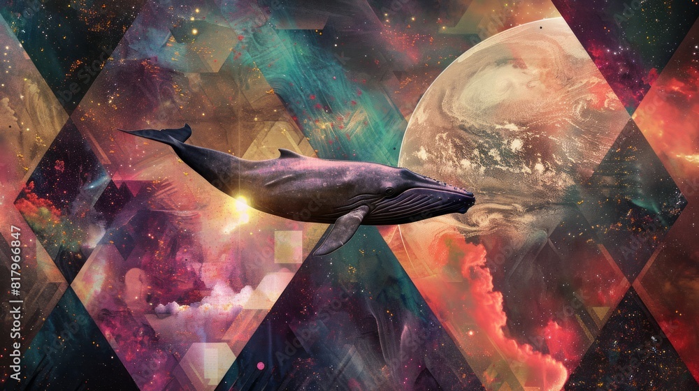 Poster whale on simple multicolored geometric outer space