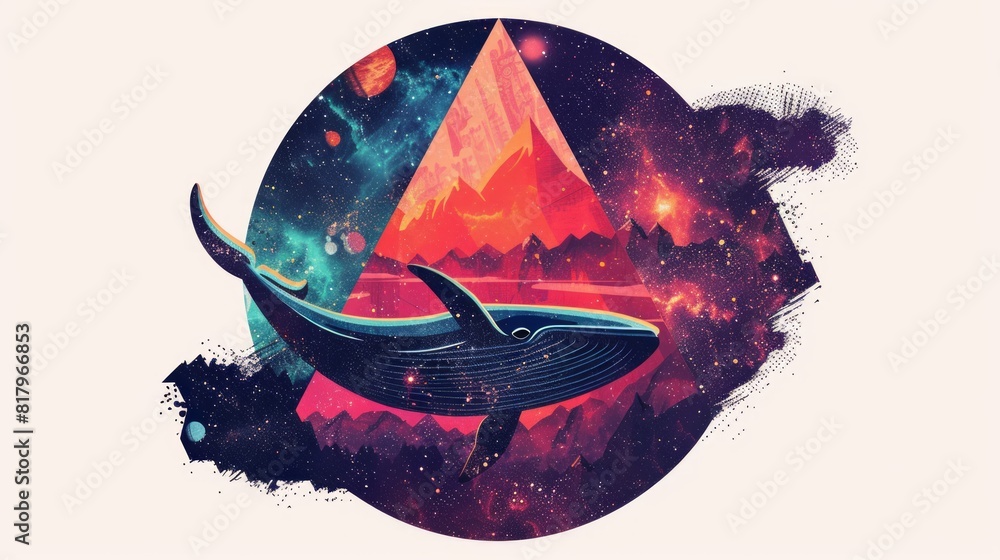 Poster whale on simple multicolored geometric outer space