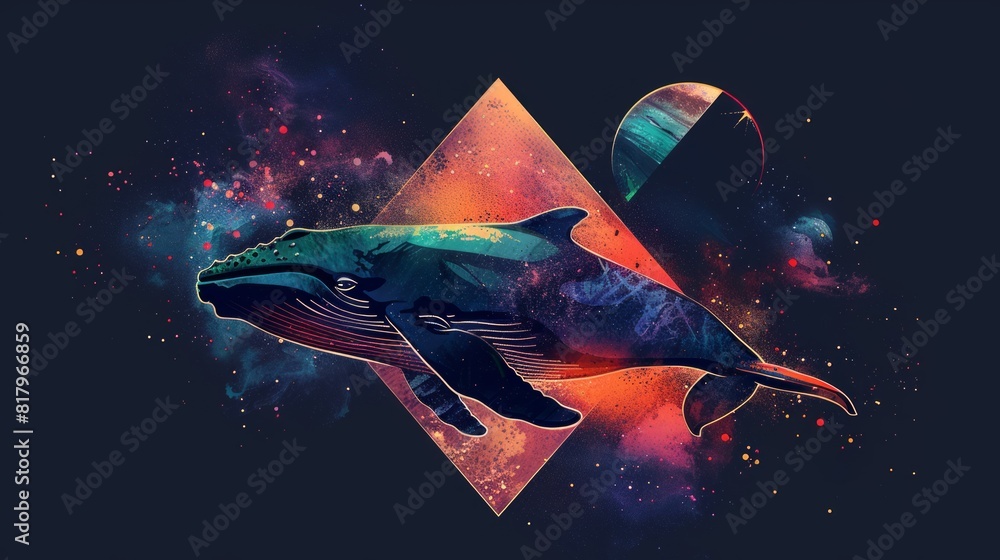 Aufkleber whale on simple multicolored geometric outer space