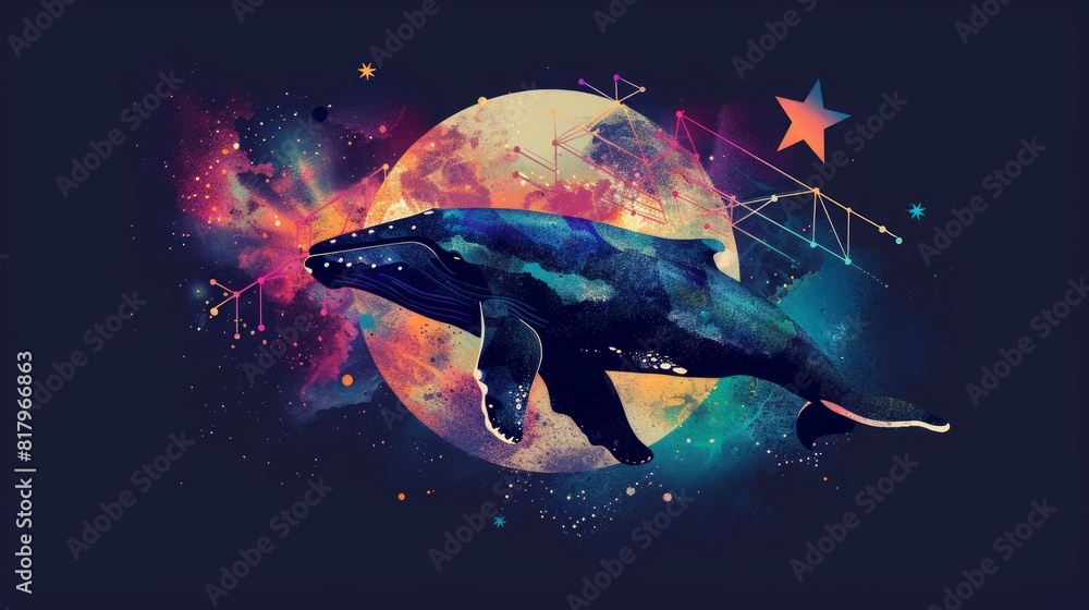 Poster whale on simple multicolored geometric outer space