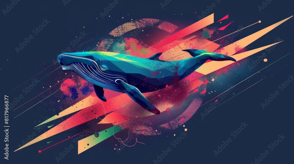 Aufkleber whale on simple multicolored geometric outer space