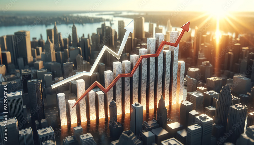 Poster abstract financial concept with a 3d bar chart consisting of tall stone-textured columns on a citysc