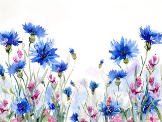 Watercolor cornflowers on a white background