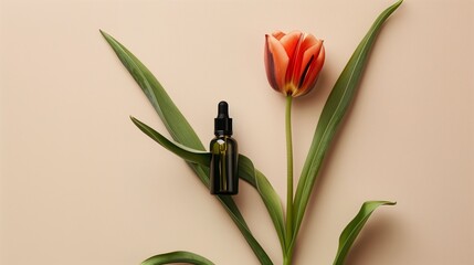 Obraz premium A bottle of green oil is placed on the long leaves, with an orange tulip next to it.