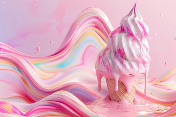3d render of melting ice cream with colorful swirls and dripping liquid, isolated on pastel...