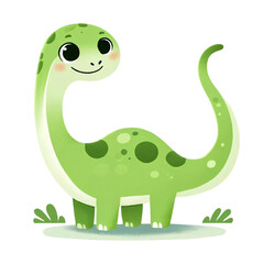 Naklejka premium Cartoon-style illustration of a Diplodocus dinosaur, isolated on a transparent background. The dinosaur is depicted with a soft green body