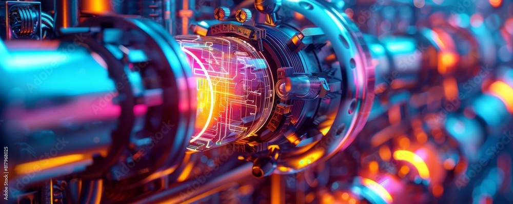Poster close-up of a futuristic machine featuring glowing components and advanced technology, highlighting 