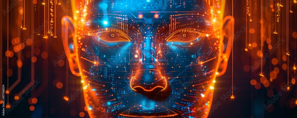 Poster close-up of a digital human face with glowing circuitry, illustrating advanced artificial intelligen
