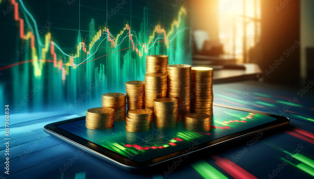 Poster stacks of gold coins on a digital tablet displaying a vibrant stock market chart with fluctuating gr