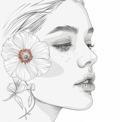 A minimalist linear drawing of a woman a flower near her face, showcasing a simple yet elegant composition