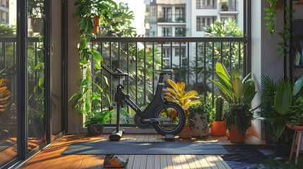 A balcony workout area with a stationary bike, a yoga mat, and potted plants for ambiance
