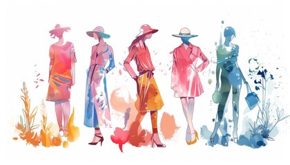 The watercolor painting shows a group of six women wearing fashionable clothes