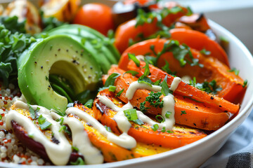 A colorful vegan Buddha bowl filled with quinoa, roasted vegetables, avocado slices, and a tahini drizzle