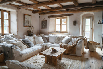 A cozy living room decorated with sustainable furniture made from reclaimed wood and organic cotton fabrics