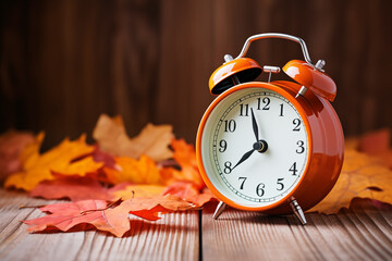 alarm clock set on 11:40 pm or am with bright, colorful, autumn, insides, colorful leaves