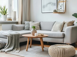 Cozy living room interior with grey sofas