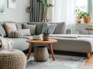 Cozy living room interior with grey sofas