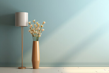 vase with bouquet of flowers near empty, blank blue wall. Home interior background with copy space