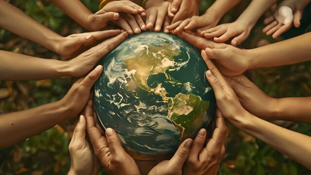 A group of diverse hands coming together around a globe, symbolizing unity, global cooperation, and multicultural understanding