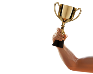 Athlete hand raised, holding gold sport cup against free png background. award and victory concept