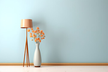 vase with bouquet of flowers near empty, blank blue wall. Home interior background with copy space