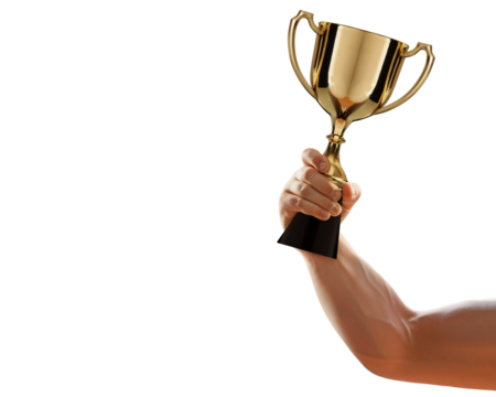 Athlete hand raised, holding gold sport cup against free png background. award and victory concept
